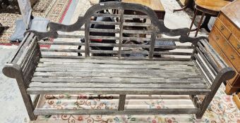 Lutyens-style wooden bench, approx 195cm wide  Condition Report Weathered and discoloured. Minor