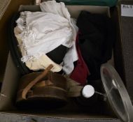 Two vintage bowler hats, pair of kid gloves, various vintage items of costume, shaving mirror and
