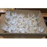 Quantity cut glass wines, tumblers, etched wines and other glassware (4 boxes)