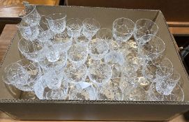 Quantity cut glass wines, tumblers, etched wines and other glassware (4 boxes)
