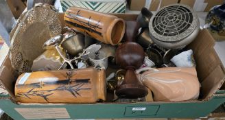 Mixed lot of wooden items, metalware and ceramics including a pair of bamboo vases, a Kaiser Wilhelm