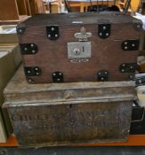 Iron bound wooden travelling trunk named for B S Hoggard and a late 19th/early 20th century tin
