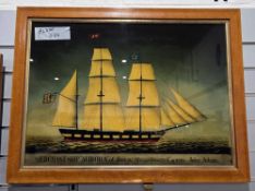 Print (possibly back painted glass panel)  Maritime scene depicting a tall-masted boat, inscribed