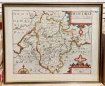17th century hand coloured map 'Bedford Comitatus loim pars Cathifvclanorvm', by Wilhelm Kip,