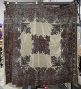 Machine embroidered paisley shawl, possibly fine linen or silk, with a small fringe (some rust