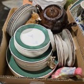 Two boxes of assorted ceramics including a Midwinter Stonehenge pattern part dinner service, a