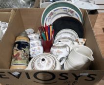 Five boxes of assorted ceramics and glass including a Meakin part dinner service, a German stoneware
