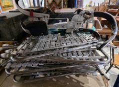 Collection of lyre-shaped military marching band xylophones and two back harnesses stamped Kent A-