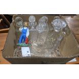 Large cut glass pedestal bowl, etched and cut glass items, coloured glass vases, decanters and other