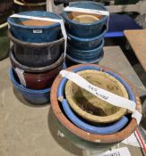 Assorted garden pots, mostly blue glazed terracotta examples (12)