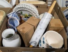 Four boxes of assorted ceramics and other items including a set of glass spice jars in wooden