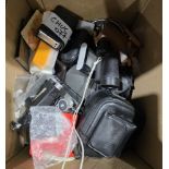 Box of assorted cameras and associated equipment including a Pentax ESPIO 738, cased, a Fijifilm