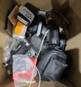 Box of assorted cameras and associated equipment including a Pentax ESPIO 738, cased, a Fijifilm
