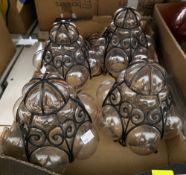 Four glass and metal wire hanging lightshades and three others (2 boxes) (please note VAT will be