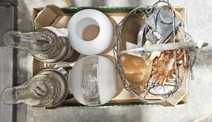 Brass coal bucket, a tapering brass vase with PB mark, a tealight holder, two brass oil lamps with