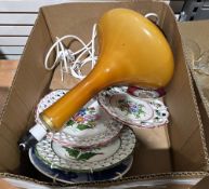 Amber cased glass table lamp and assorted ceramics