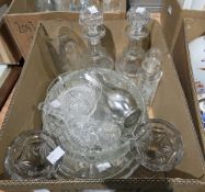 Two boxes of clear moulded glassware to include decanters, Martini glasses, a ship in a bottle, etc