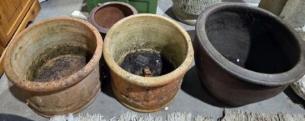 Large dark terracotta garden pot, 38cm high approx, another similar smaller example and two light