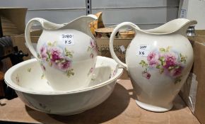 Staffordshire pottery part wash set comprising two ewers and a basin printed with pink rose