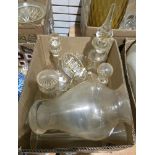 Three boxes of glassware including a trefoil-shaped millefiori dish enclosing blue and yellow star-