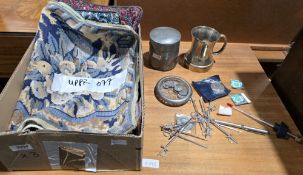 Dark mink stole, beaver coat, tapestry-style cushion covers and decorative objects (3 boxes)