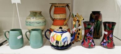 Collection of ceramics including Royal Stanley ware Jacobean pattern vase of tapering form, two