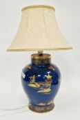 Carltonware baluster powder blue ground chinoiserie pattern vase adapted as a table lamp, gilt
