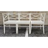 White painted bamboo sectional bench/settee, formed from two corner chairs and a single chair,