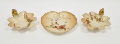 Pair of late 19th century Royal Worcester blush ivory ground lobed leaf-shaped dishes and a heart-
