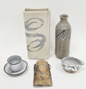 Group of studio pottery, comprising: a tin-glazed coffee-cup and saucer, with asian seal, a