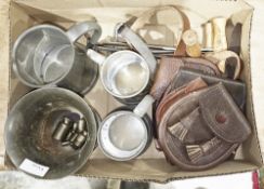 Collection of Scottish leather sporrans, a brass mortar, brass weights, pewter tankards and a