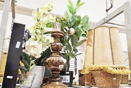 Two artificial orchids in pots, tallest 74cm high, another artificial plant, a turned wooden table