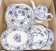 Collection of blue and white dinner and teaware including Johnson Denmark Blue pattern, Johnsons