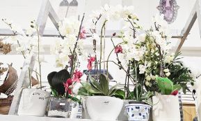 Collection of nine artificial orchids in pots, tallest 75cm high and an artificial floral display in