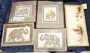 Early 20th century oil on board of sailing boats in a harbour, 20cm x 46cm together with four framed