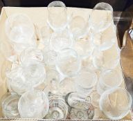 Collection of glassware including an Ikea black and white vase, 36cm high, a mottled green glass