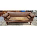 19th century mahogany framed double scroll ended Country House settee having a straight back,
