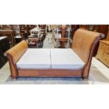 Mahogany framed kingsize sleigh bed with woven rattan upholstery, the scrolling ends to headboard