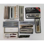Mixed lot of pens including two Conway Stewart fountain pens with 14K nibs, Swan fountain pen with