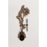 Gold curb link watch chain, marked 9ct, with a gilt metal agate swivel fob, total weight 41g approx