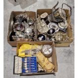 Large collection of mainly silver-plated items including spirit kettle on stand, condiment set on