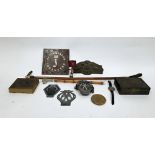 Mixed lot of collectable items including early 20th century riding crop with antler handle and white