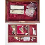 Hardwood and brass inlaid domed top jewellery box with key, containing a collection of jewellery,