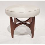 Mid-century G-Plan Fresco dressing stool of circular form having a white vinyl button top and teak