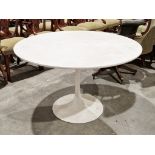 Mid-century Arkana style white dining table, of circular form on a tulip weighted base, 74cm high