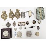 Mixed lot of military and other items, including three Victorian-era brass regiment badges, World