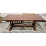 Large oak refectory dining table in the 17th century manner, the plank top with cleated ends on