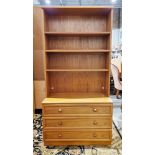 Mid-century G-Plan teak wall unit, the upper section with three open shelves, the lower section with