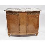 Burr walnut and satinwood inlaid bow-fronted side cabinet in the Louis XVI manner, the marble top