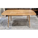 V Ercol light elm and beech plank top dining table, model 382, on four square tapering splayed legs,